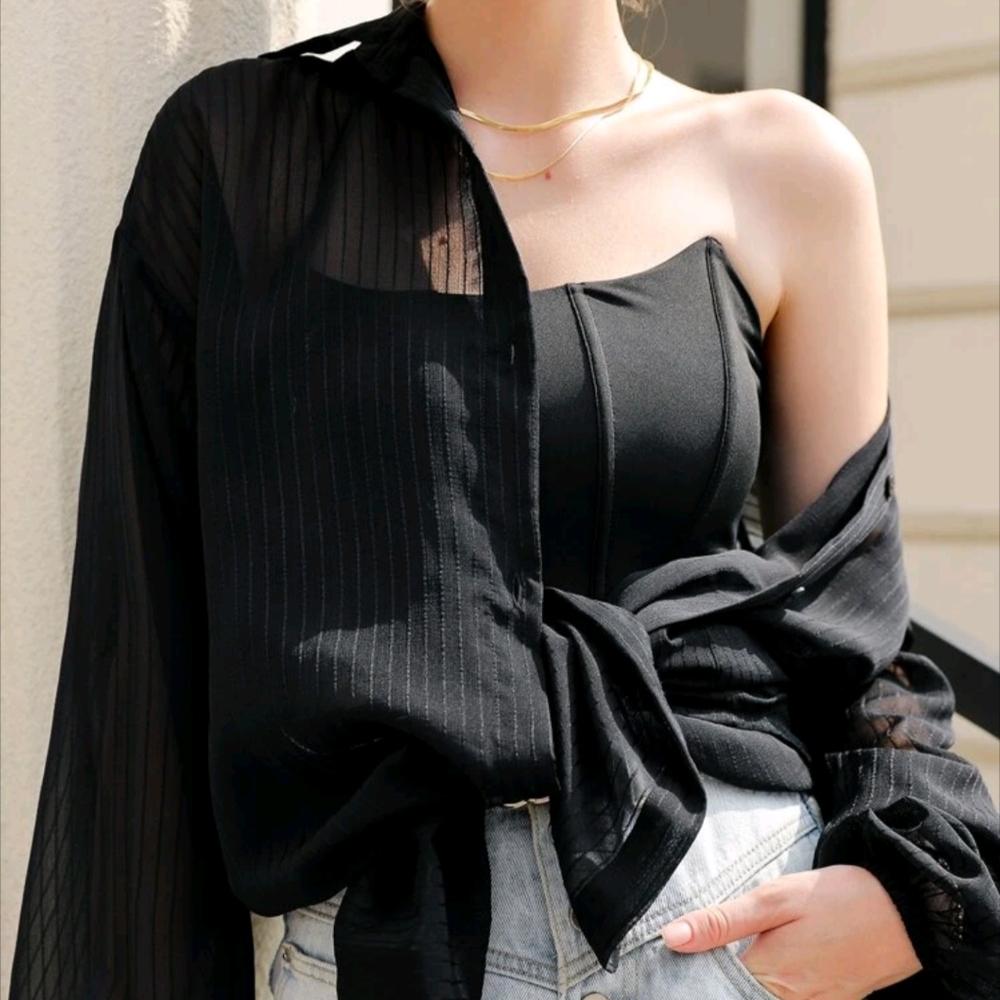 ❄️ 3/$30 Black Sheer Flowy Long Collar Button-Up Blouse Shirt Dress / Duster - Picture 4 of 11